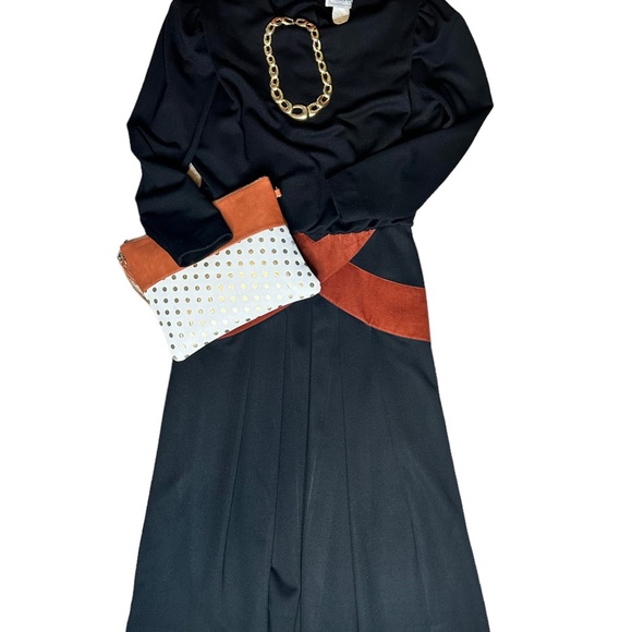 Leslie Faye Black & Copper Midi Length Vintage Dress Size 14 Excellent Condition - Picture 1 of 7